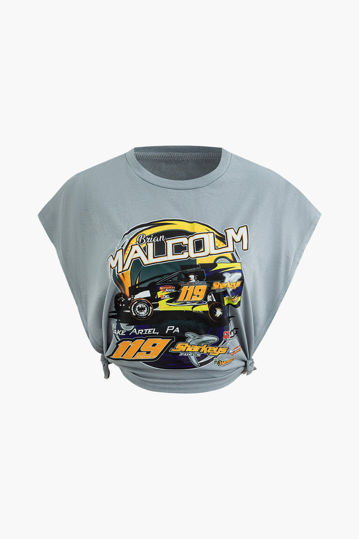 a gray crop top with a racing car on it