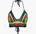 a bikini top with a multi colored pattern