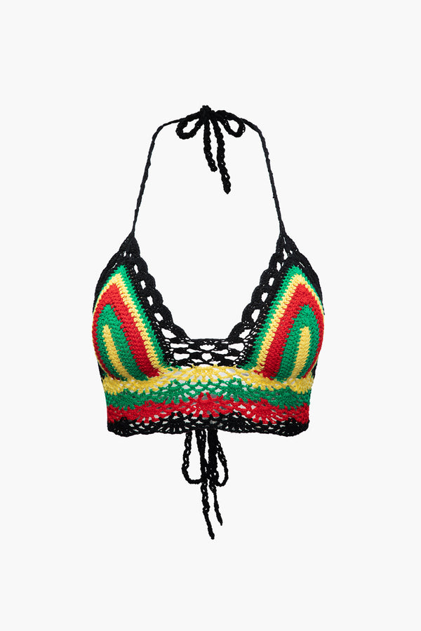 a bikini top with a multi colored pattern
