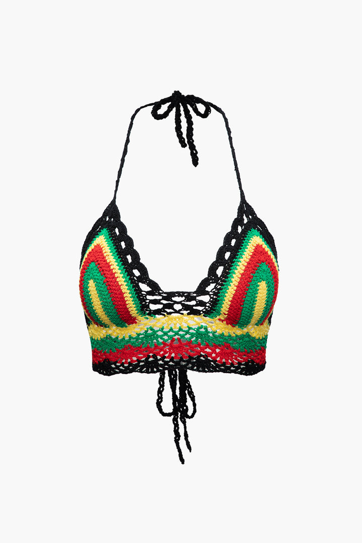 a bikini top with a multi colored pattern