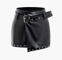 Rivet Faux Leather Wrap Mini Skirt With Belt (M / BLACK)