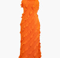 a woman in an orange dress on a white background