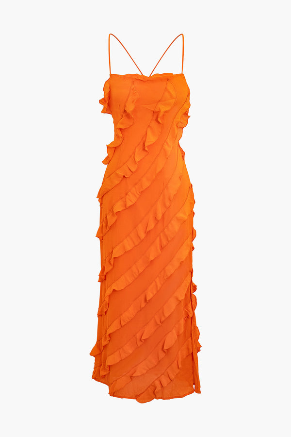 a woman in an orange dress on a white background