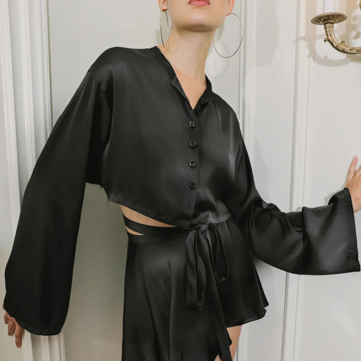 Satin Raw Hem Tied Two Piece Skirt Set