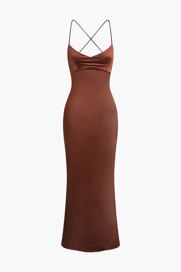 Satin Tie Backless Maxi Dress (S / BROWN)