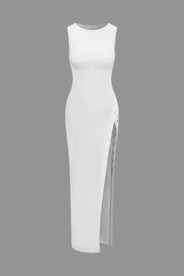 a white dress with a slit on the side