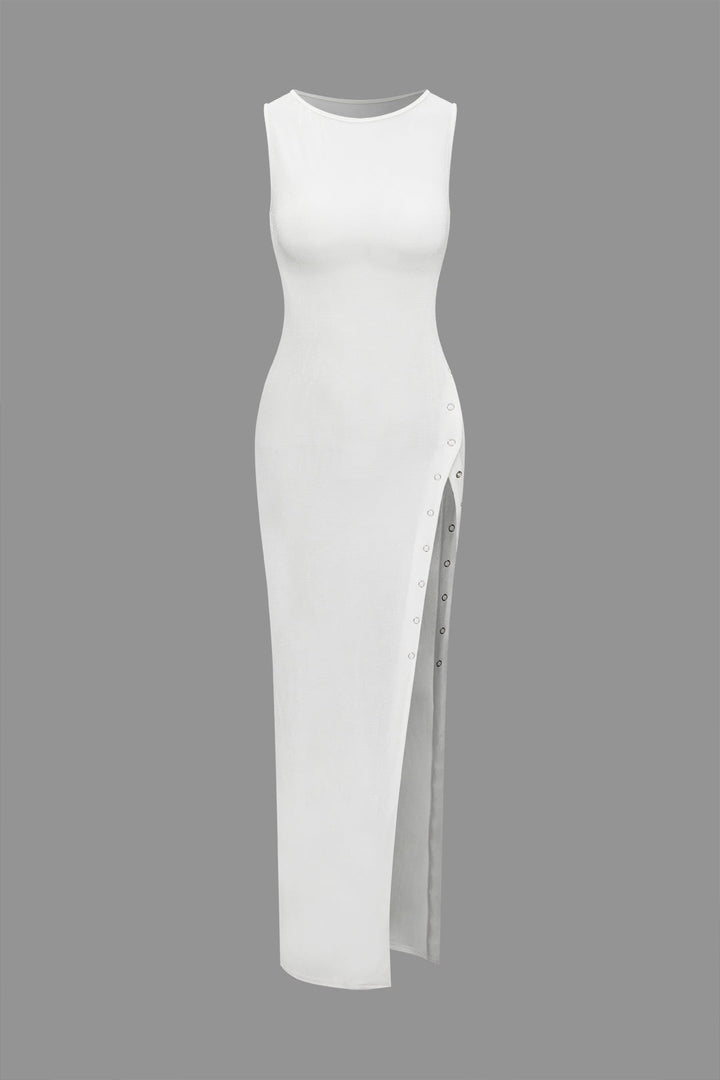 a white dress with a slit on the side