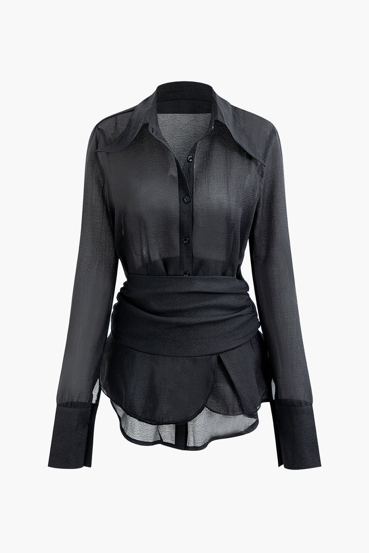 Solid Button Up Long Sleeve Shirt And Ruffle Hem Mini Skirt Set (L / BLACK)