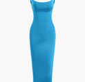 a blue dress with spaghetti straps