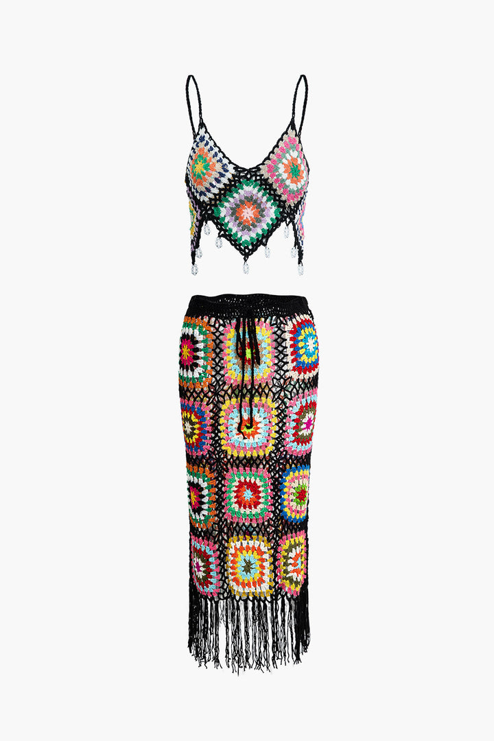 a women ' s swimsuit with a colorful pattern and fringes