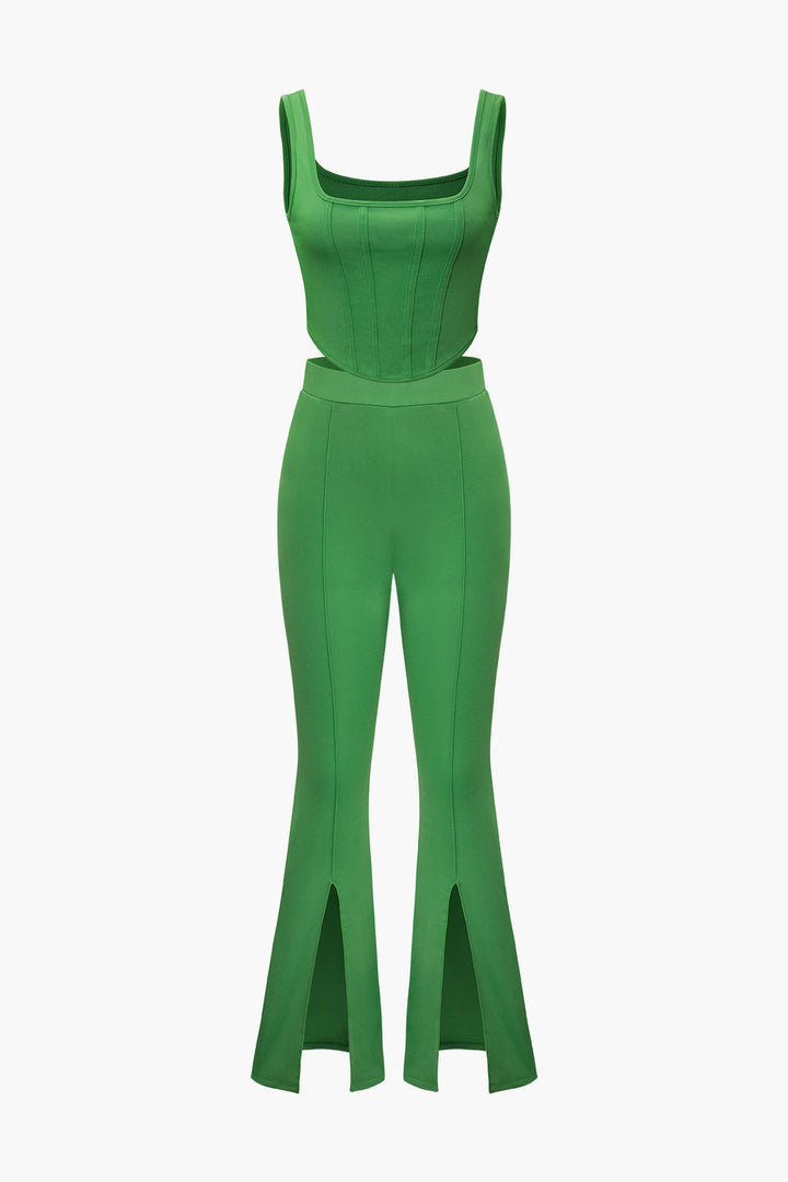 a woman wearing a green jumpsuit