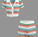 a pair of white shorts and a white shirt with colorful stripes