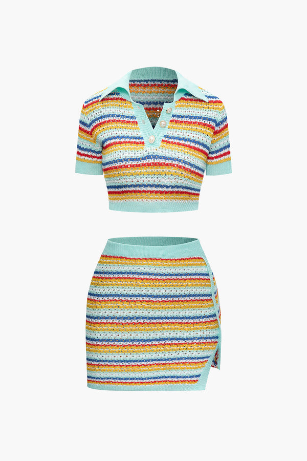 a woman wearing a colorful striped top and shorts