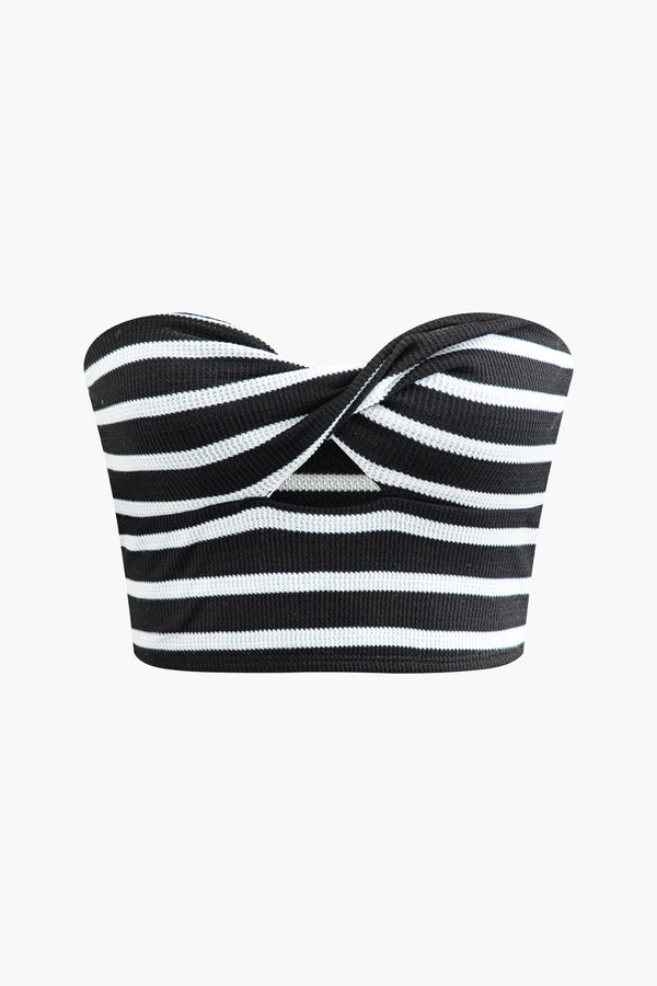 a black and white striped bikini top