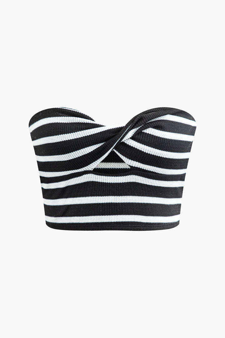 a black and white striped bikini top
