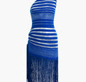 a blue and white striped dress with fringes