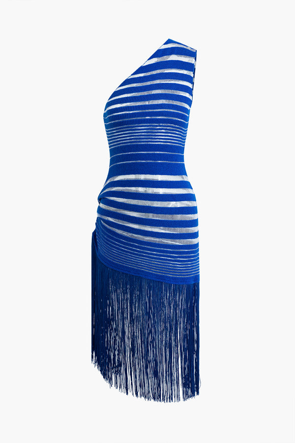 a blue and white striped dress with fringes
