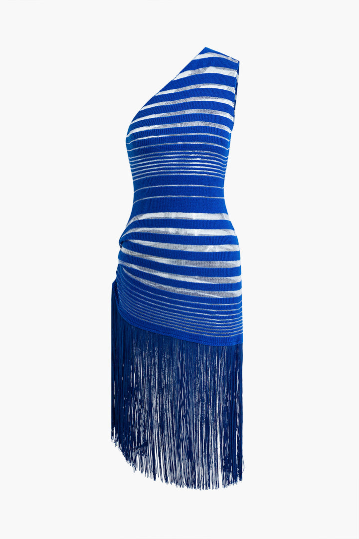 a blue and white striped dress with fringes