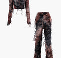 Tie Dye Distressed Mock Neck Long Sleeve Top And Pants Set (L / BROWN)