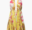 a yellow and pink tie neck dress