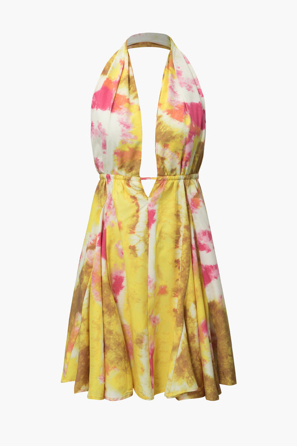 a yellow and pink tie neck dress