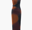 a women ' s dress with a brown and black print