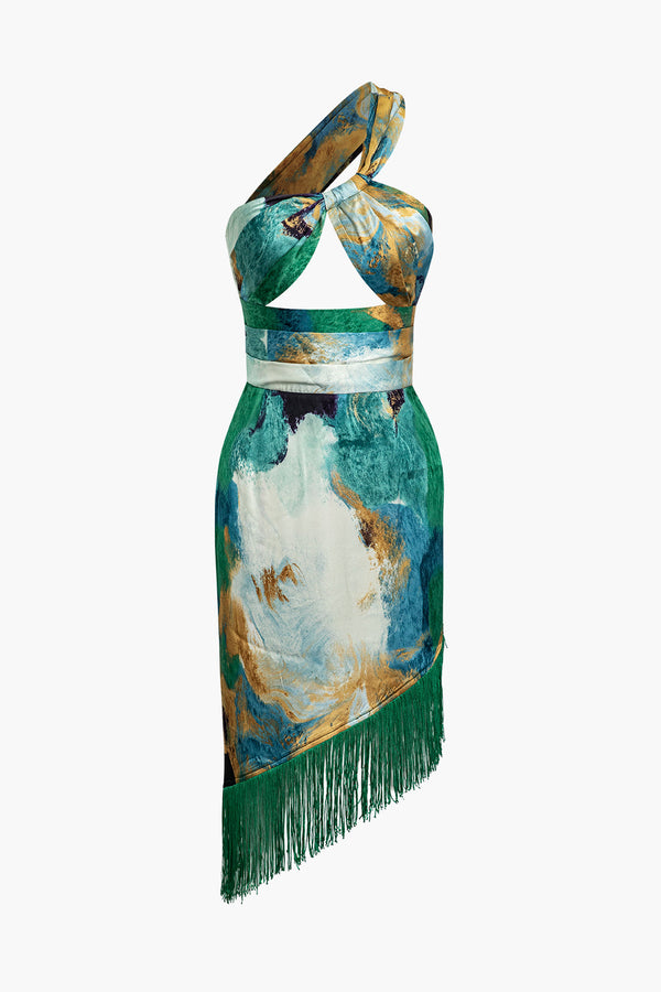 a green and gold scarf with fringes