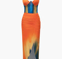 a dress with an orange and blue design on it