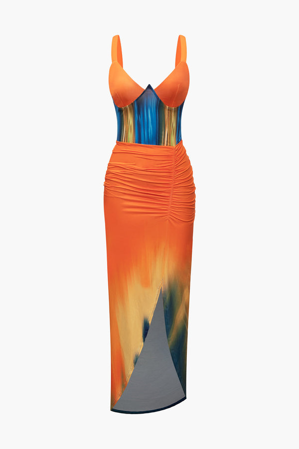 a dress with an orange and blue design on it