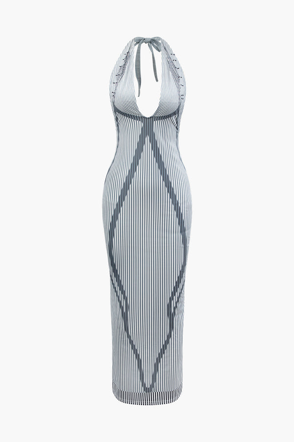 a white and blue striped dress with a halt neck