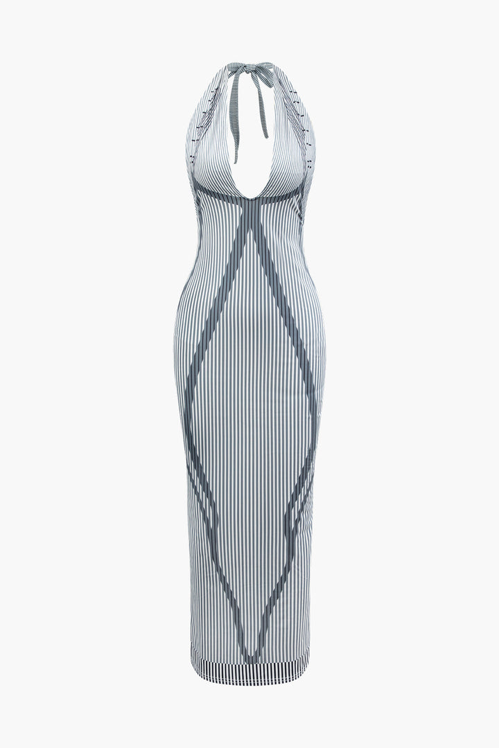 a white and blue striped dress with a halt neck