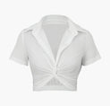a white crop top with a knotted front