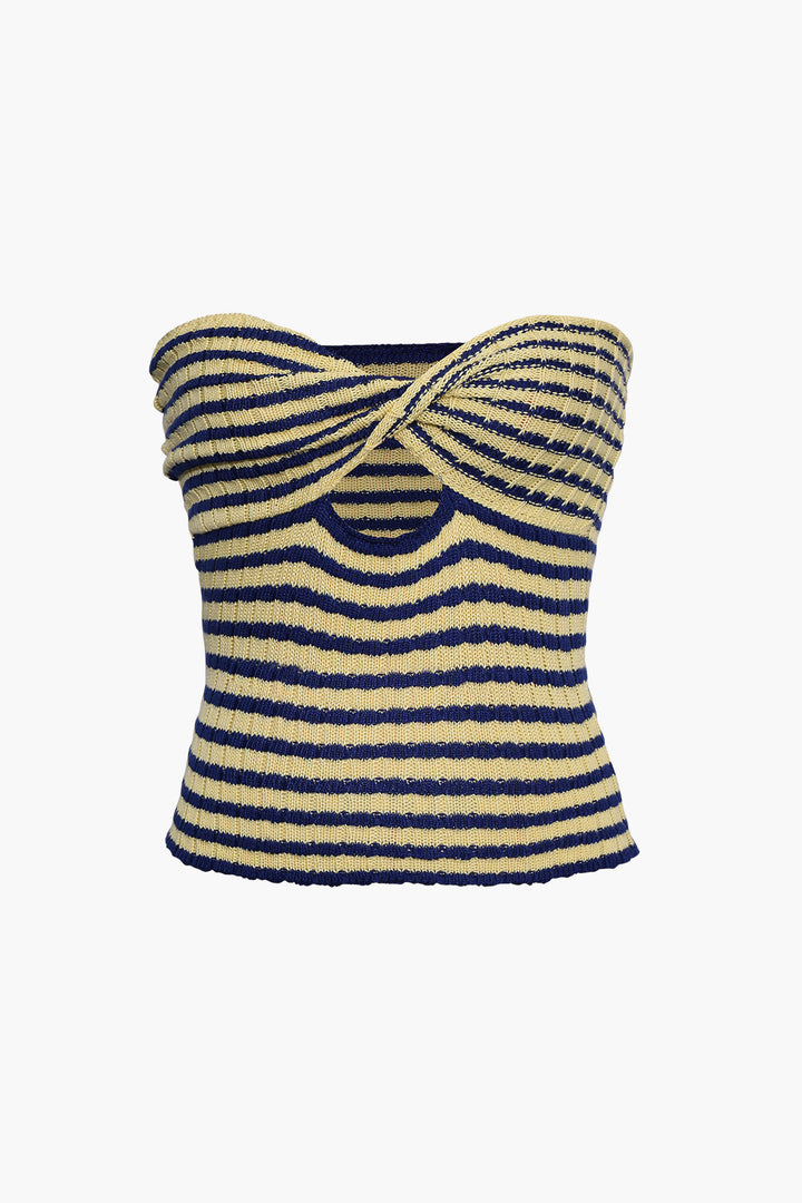 a yellow and blue striped top with a knotted neck