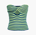 a green and blue striped top with a knotted neck