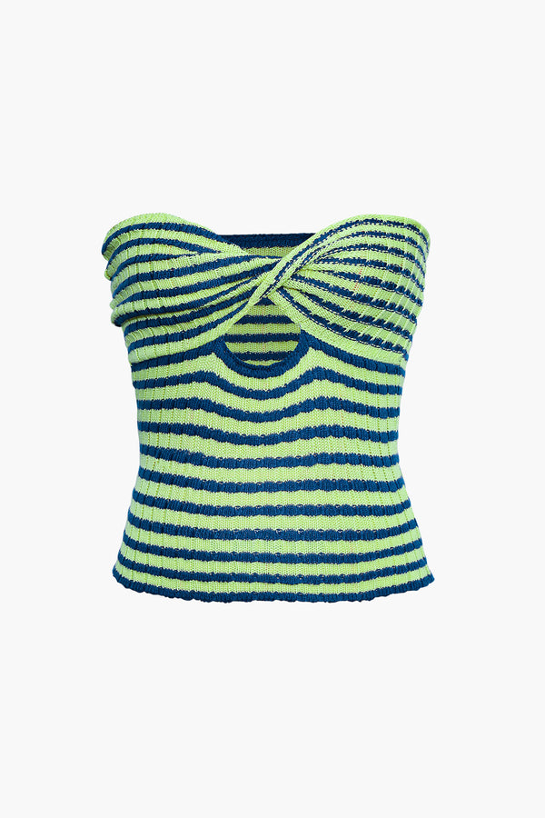 a green and blue striped top with a knotted neck