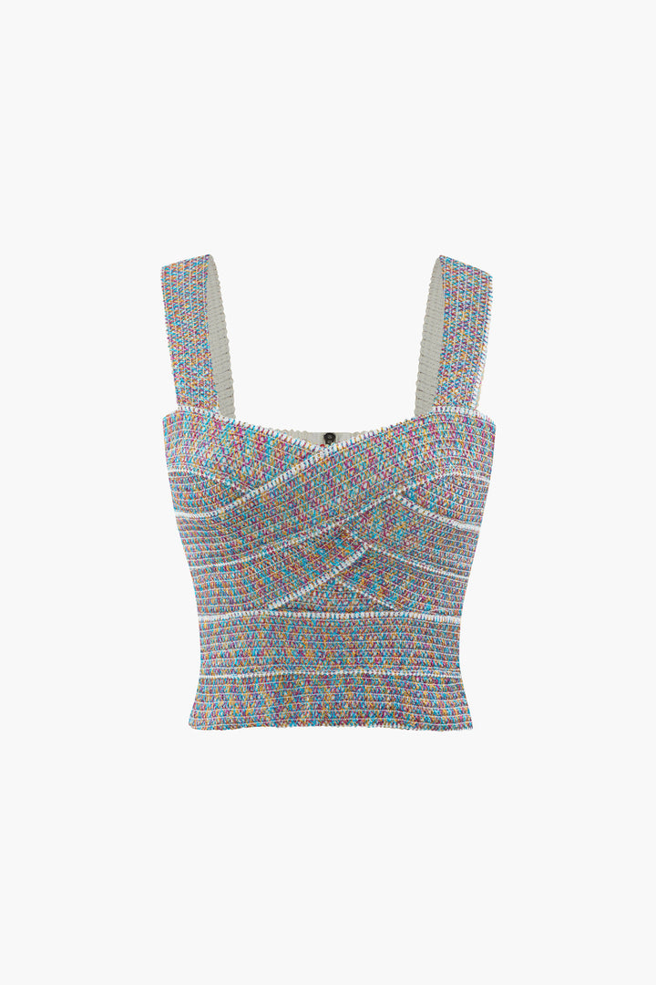 a crop top with a multi - colored pattern